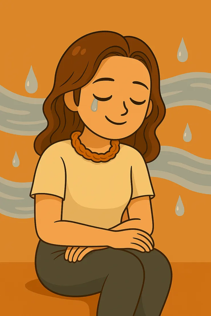 就像圖裡的暖橘Q一樣，眼角有淚，卻還是帶著一抹微笑。 身後那條柔和流動的淚水河，好像在提醒我：哭並不是失敗，而是另一種出口。 （註：暖橘Q是我的化身，替我演繹「邊哭邊療癒」的模樣。）