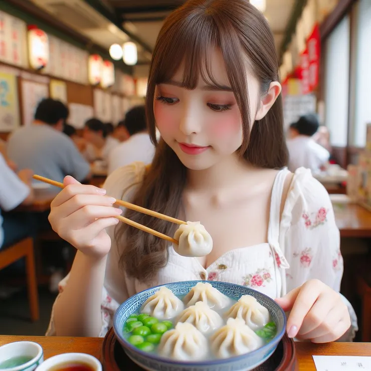 請AI給我一個她吃小籠包的圖