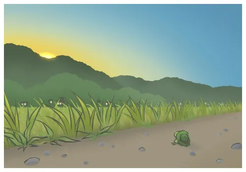 太陽下山了，旅蛙又出去玩了，這次不知去哪裡？