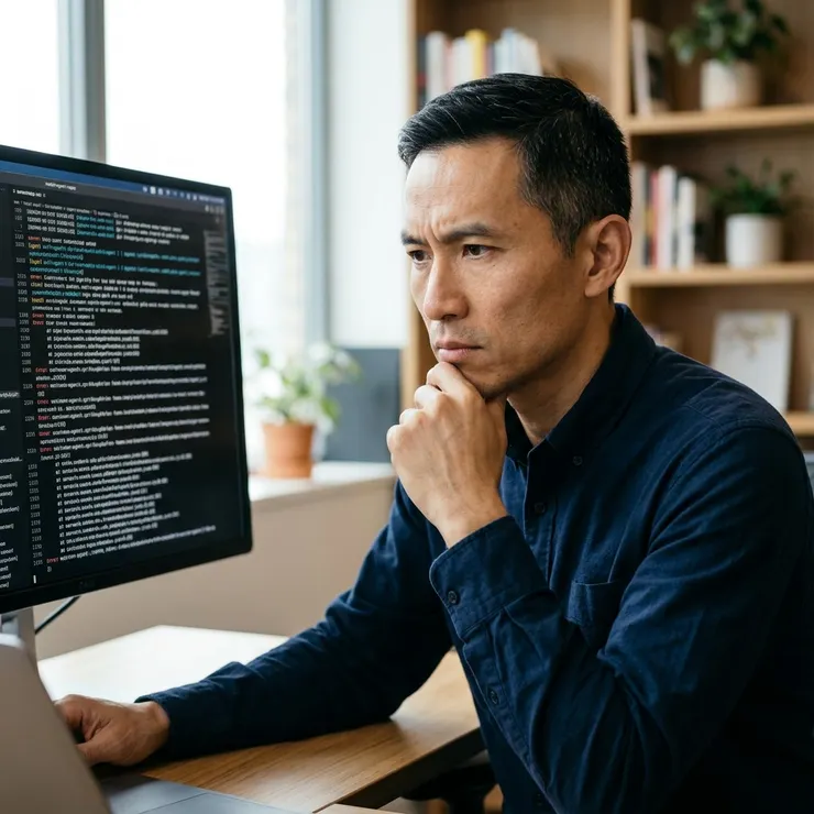 梁练伟在电脑前专注于分析多智能体系统日志，排查AI工作流中的潜在问题。