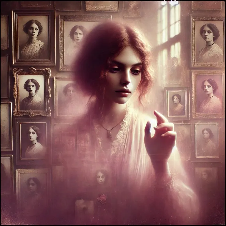 Her days are spent in a dimly lit studio, walls lined with worn, sun-faded portraits, each one veiled in a shroud of uncertainty, much like the image of her own face.