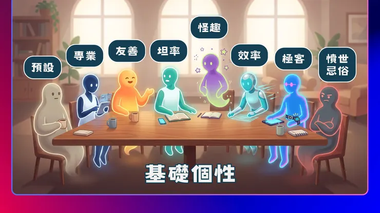 八位極簡擬人化色彩精靈坐在同一間溫暖設計風咖啡廳中。每位精靈都以簡單幾何輪廓呈現,擁有不同的代表色與氣質: ・預設精靈:灰白膚色、安靜端正 ・專業精靈:深藍白、手持小型資料板 ・友善精靈:橘黃、圓形笑臉 ・坦率精靈:亮青綠、姿勢開放直接 ・怪趣精靈:紫綠、浮動星星與怪點子光點 ・有效率精靈:青藍與銀色、前傾帶速度線 ・極客精靈:電光藍與桃粉、帶AI小裝置 ・憤世嫉俗精靈:炭黑與暗紅、微微挑眉 全部置於同一張圖,坐在木桌前,帶咖啡杯、筆記本、AI平板等小道具。色調柔霧漸層、極簡扁平風、乾淨背景、輕微光暈,構圖像咖啡廳故事插畫。