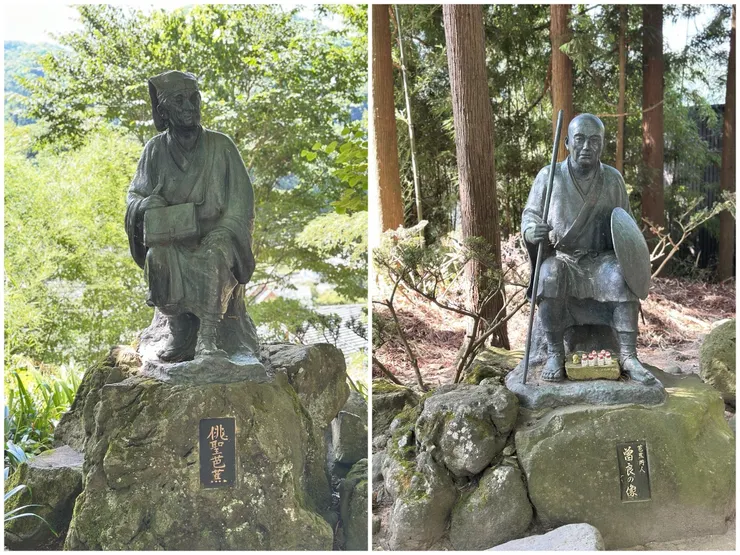 在寶物殿前的芭蕉・曾良像,是日本相當有名的詩人,過去也曾前來山寺,並留下著名的俳句