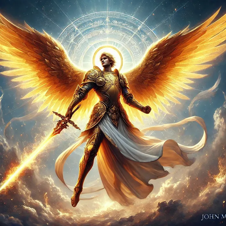 他是《失樂園》中被稱為「上帝的僕人」的熾天使。畫面展現了他身穿閃耀的金色鎧甲，象徵著他對上帝的絕對忠誠。他擁有六片宏偉的羽翼，散發出神聖的光輝，並手持燃燒的烈焰之劍，代表他在天堂之戰中勇敢地反抗撒旦。背景呈現出一場壯麗的天界戰場，充滿神聖的光芒與能量，捕捉了他對抗墮天使的英勇時刻