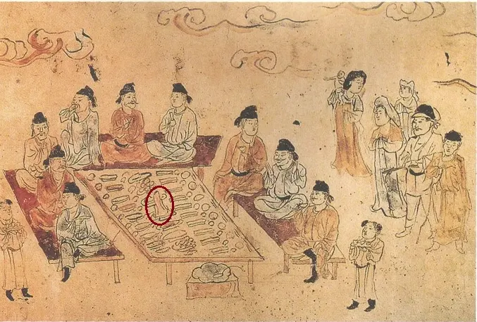 中唐墓壁畫《野宴圖》出自陝西西安長安縣南裡王村。 食案當中的高聳物(紅色圓圈處)，據學者考據即是一盤酥山。  