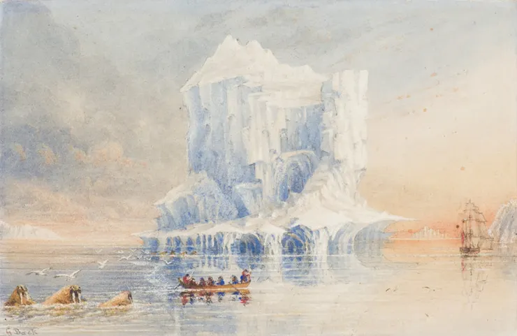海軍上將喬治·巴克爵士的一幅畫作描繪了「恐怖號」砲擊艦停泊在巴芬島附近海域一座大教堂般的冰山附近