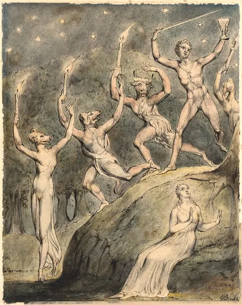 威廉布萊克 (William Blake ) 1815 年創作的水彩畫,描繪了科姆斯和他的獸頭狂歡者