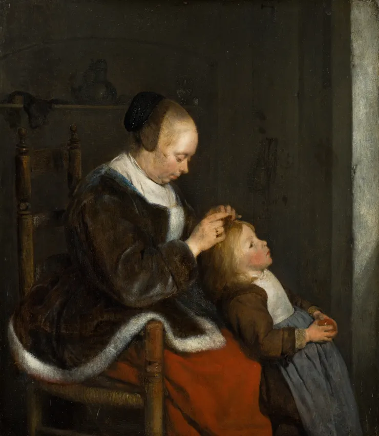 圖四：c. 1652 – 1653, Mother Combing Her Child's Hair, known as 'Hunting for Lice', 33.2 x 28.7 cm, Mauritshuis