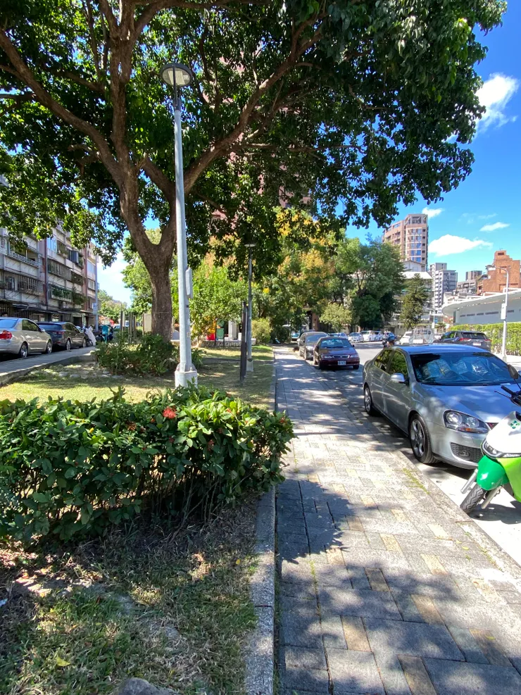 回望下崙路，這一片綠帶及道路是以前的河道