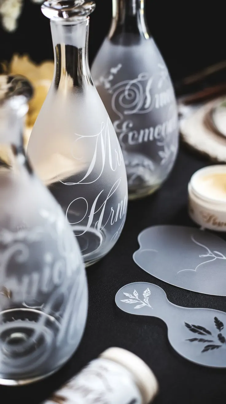 Clear glass bottles with frosted, etched designs – monograms, names, simple patterns.  Etching cream and stencils nearby