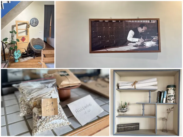 店內很多過去爺爺開店的照片，算盤和復古擺飾