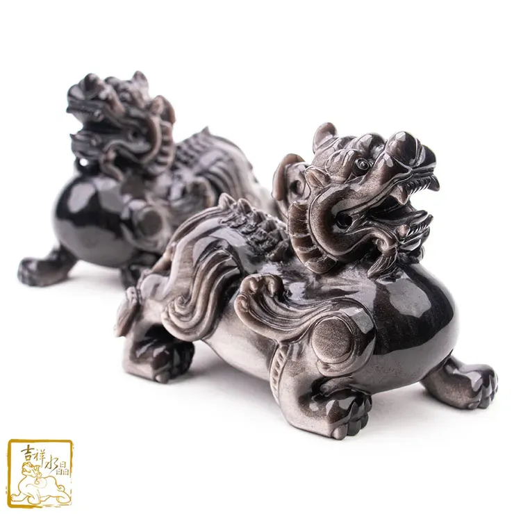 銀沙黑曜石貔貅一對 720g 開運旺財