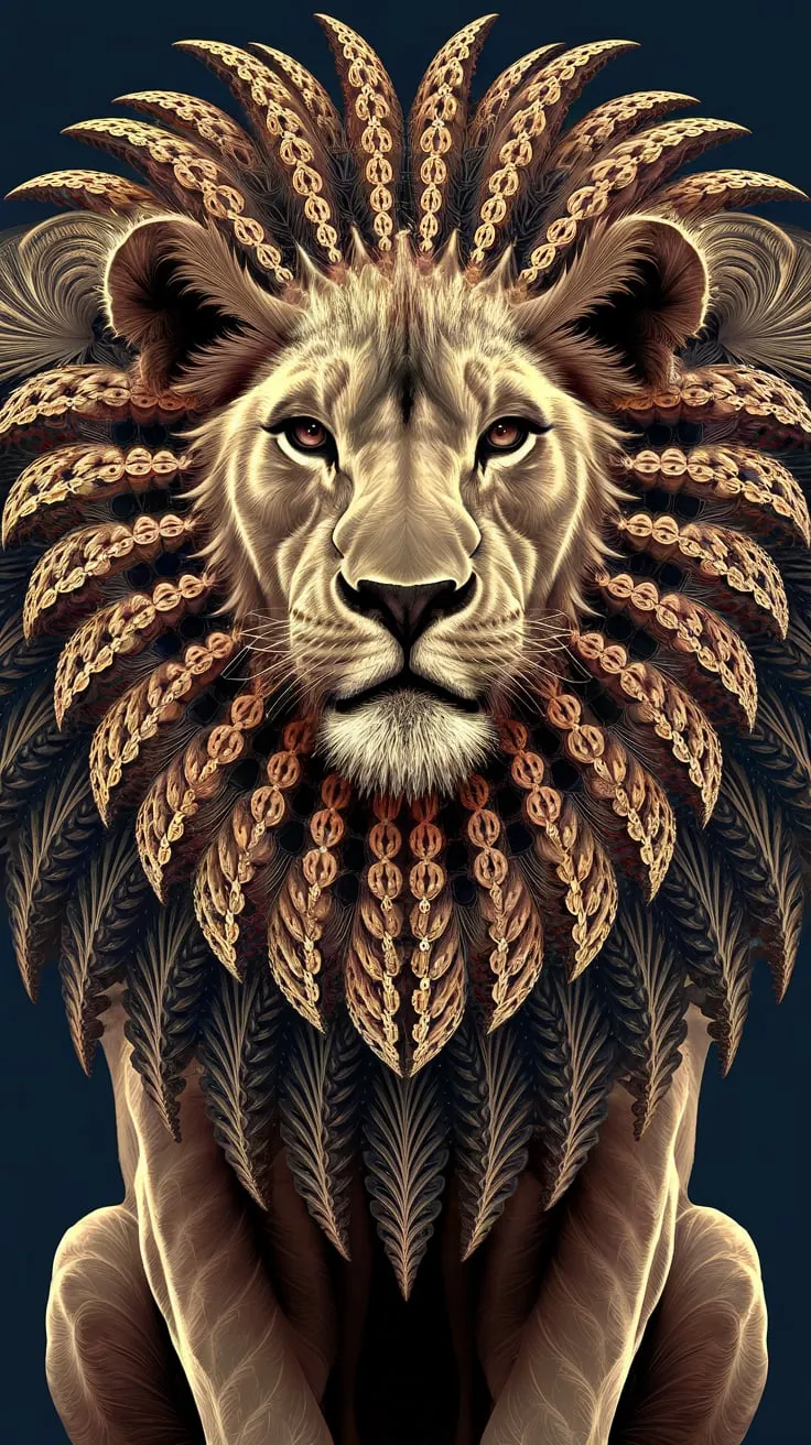 Intricate lion mandala with mane radiating symmetrical fractal patterns in rich golden and amber tones