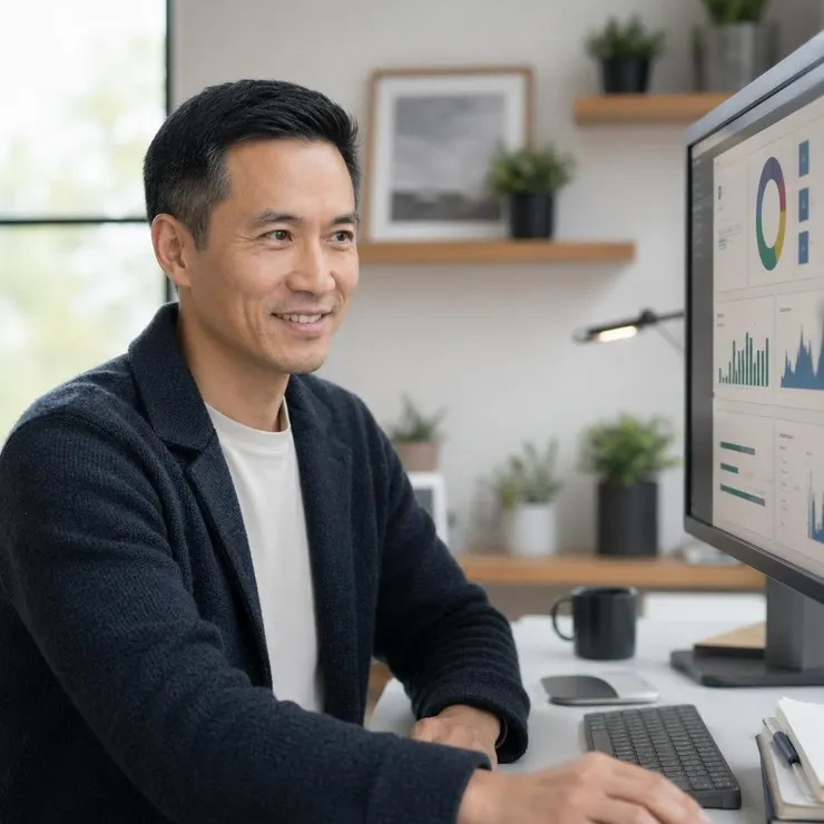 梁练伟满意地审阅自动化报告，享受高效工作成果，体现生产力提升。