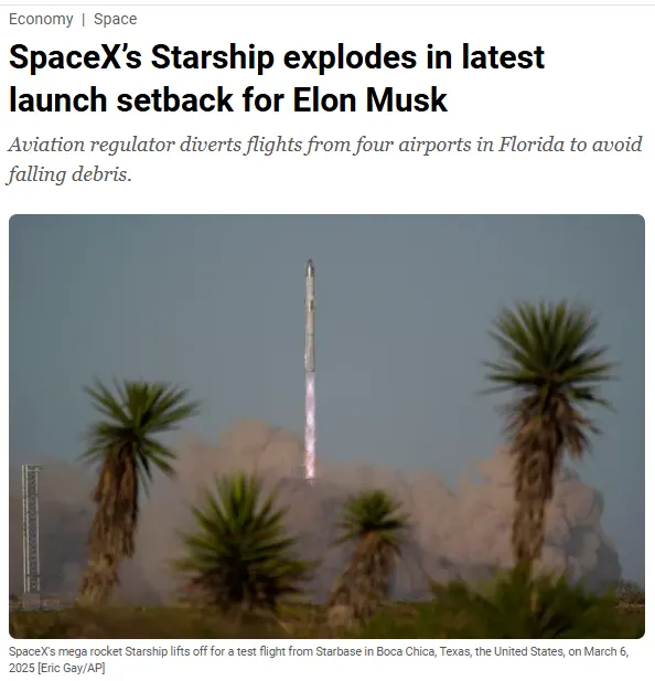 圖片及新聞英文原文出處https://www.aljazeera.com/economy/2025/3/7/spacexs-starship-explodes-in-latest-launch-setback-for-elon-musk