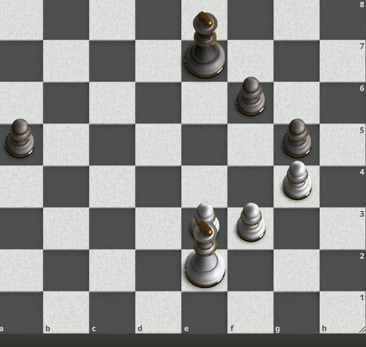 可以看到雖然兵的數量相同，但黑方明顯優於白方，因為黑方的兵分散於兩處