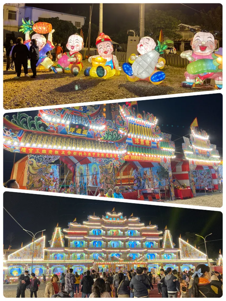 晚上人潮非常多！除了有素食攤販，還有大型點燈裝置