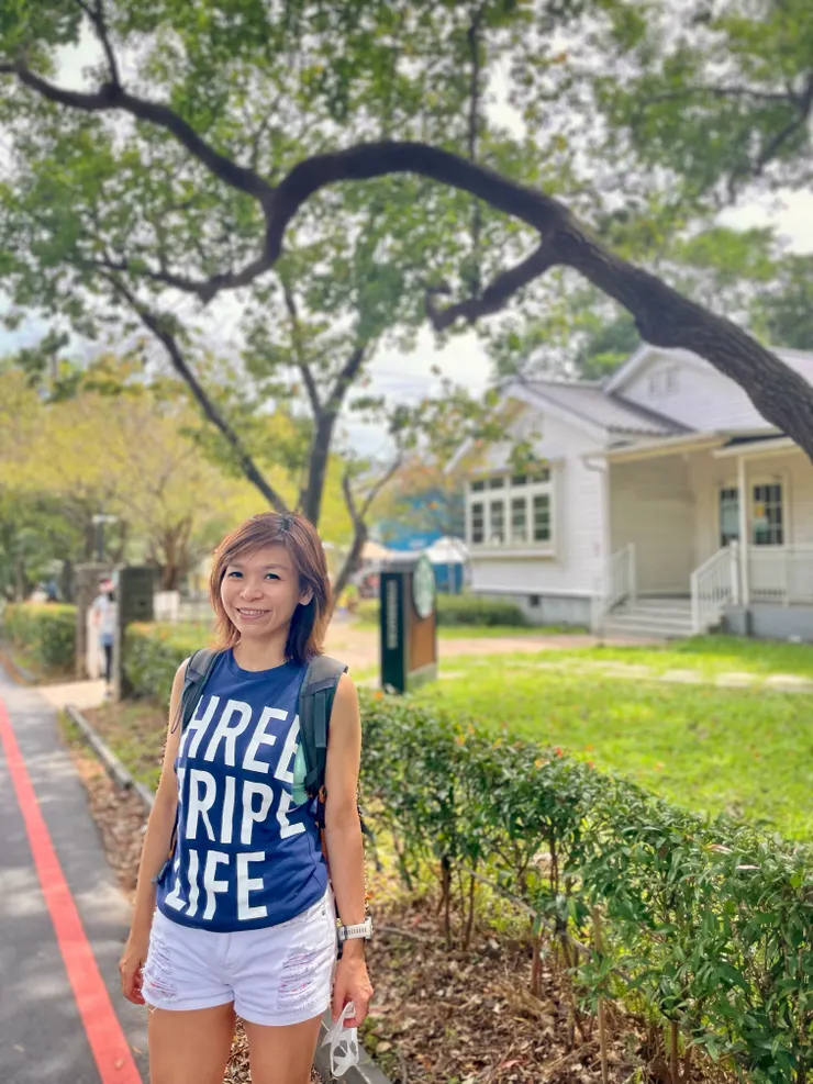 星巴克草山門市。陽光下的白色洋房、綠園地、老樟樹