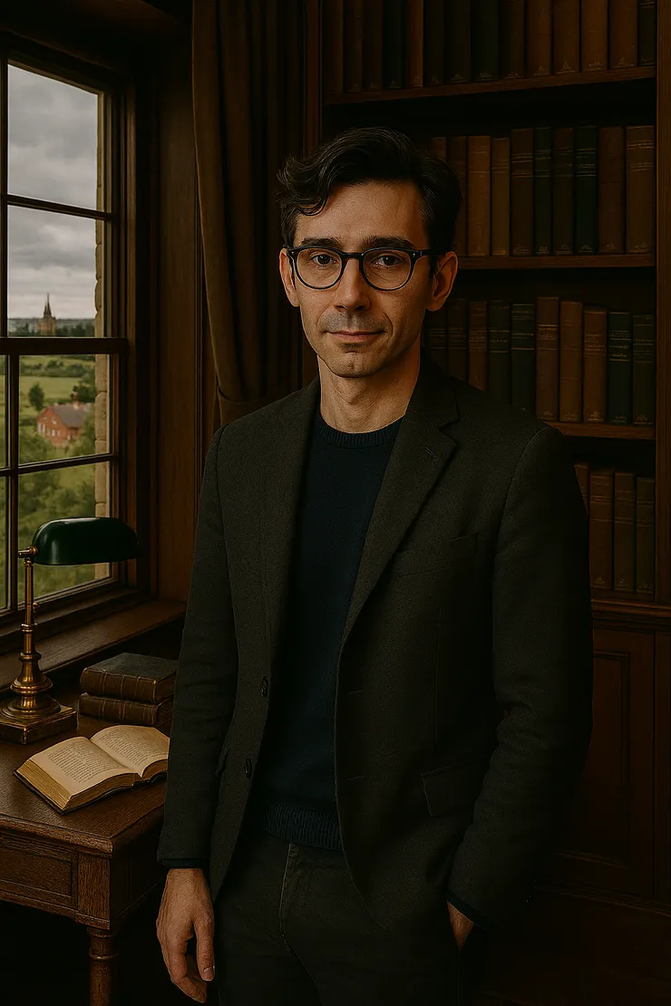 思哲的書房窗外景色已經悄悄展開,如同他心靈的延伸——一幅融合哲思與詩意的畫面:文思哲書房窗外景色