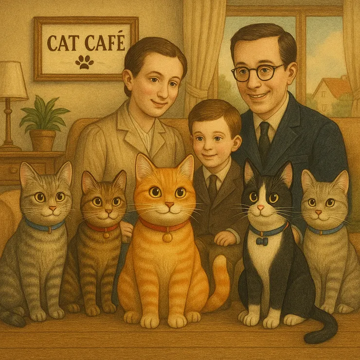 英國復古風格以19世紀末至20世紀初為背景，強調端莊典雅的服飾、柔和細膩的色調與寫實細節。 人物常穿著西裝、襯衫、長裙，髮型整齊、表情溫和，營造出一種溫文儒雅的家庭氛圍。 整體畫面如舊時相片般沉穩懷舊，背景多為木質家具、柔光窗景與細緻紋理，散發濃厚的英倫鄉村書房美感。