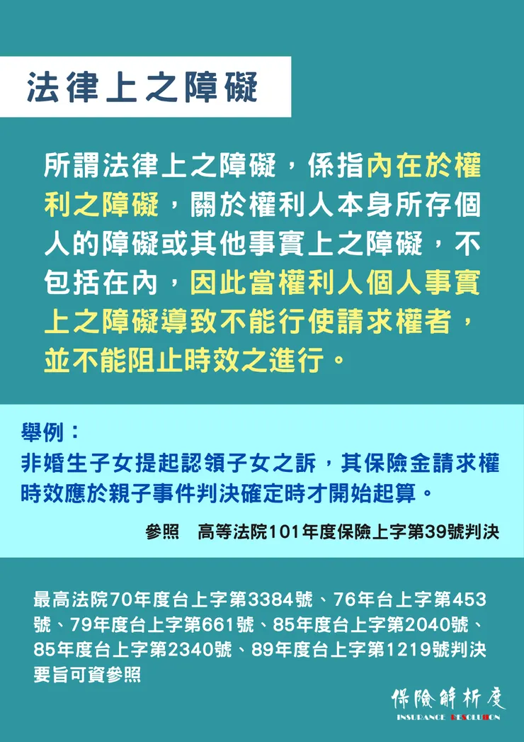 所謂法律上之障礙,係指內在於權利之障礙,關於權利人本身所存個人的障礙或其他事實上之障礙,不包括在內,因此當權利人個人事實上之障礙導致不能行使請求權者,並不能阻止時效之進行。舉例: 非婚生子女提起認領子女之訴,其保險金請求權時效應於親子事件判決確定時才開始起算。 參照 高等法院101年度保險上字第39號判決