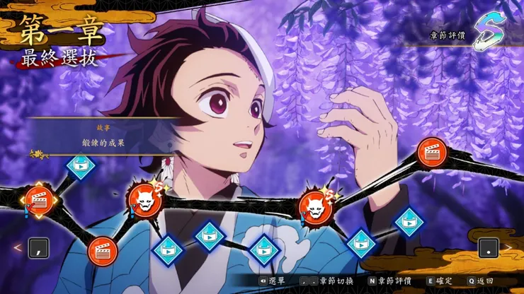 劇情模式下可以選擇要觀看的影片或是要挑戰的關卡,可重複進行關卡挑戰,將劇情章節評價刷到S級