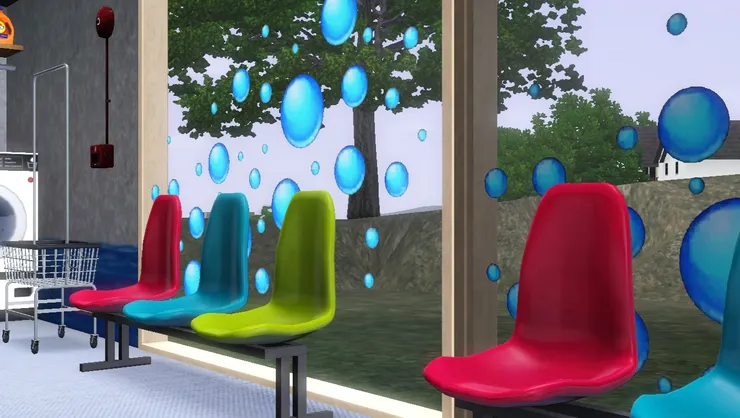 我特意用了色彩繽紛的座位，不想店色彩太單調。無論什麼時候，我都想要活潑的氣氛。