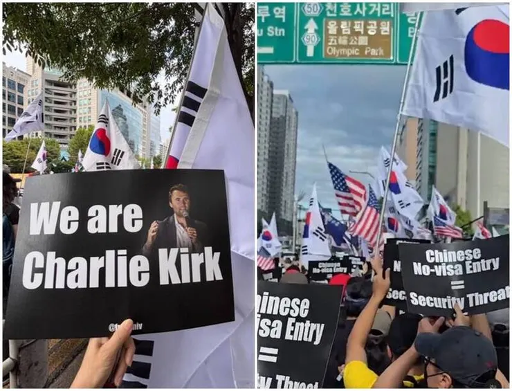 查理柯克遭刺殺身亡後，韓國保守派在街頭發起悼念活動。