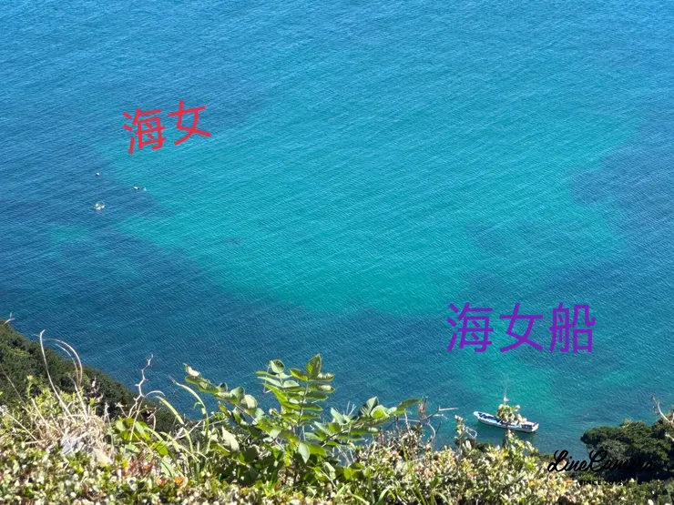 看到三位浮在海面上的海女以及她們的作業船。