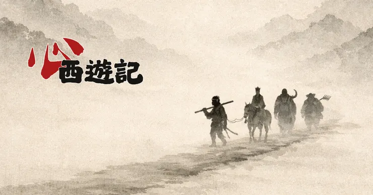 水墨風《心西遊記》插圖，唐僧、孫悟空、豬八戒與沙悟淨踏上西天取經旅程，象徵東方版英雄之旅與內在修行的心靈探索。