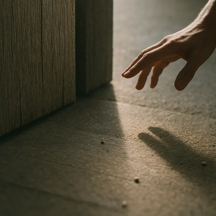 附語：門檻前，一道試探的影子剛踏入；年輕的手在半空被「等」住。 幾粒被照亮的礫石，替緊張留出縫隙。