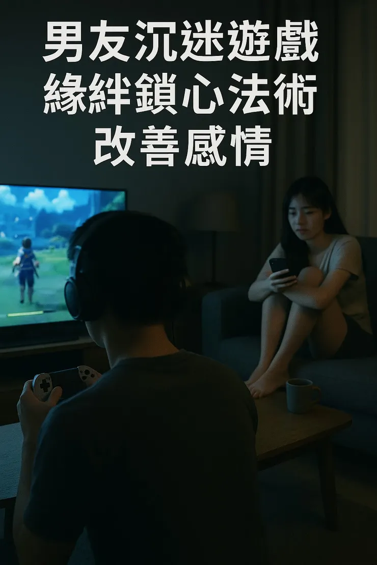 一位亞洲女性在昏暗客廳中孤單地看著沈迷於遊戲的男友背影，象徵因男友遊戲成癮而產生的感情疏離與冷暴力。