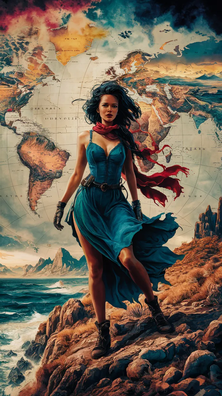 A A watercolor painting of a woman with long, dark hair wearing a blue dress and a red scarf. She is standing on a rocky terrain, with a vast ocean behind her. There are mountains and a desert in the background. She is holding a vintage suitcase. The background is a detailed world map, with diverse landscapes and geographical features. There are mysterious, unexplored territories marked on the map. The woman's silhouette is overlaid on the map, adding a sense of adventure and exploration., graffiti, ukiyo-e, poster, vibrant, dark fantasy, painting, cinematic, illustration