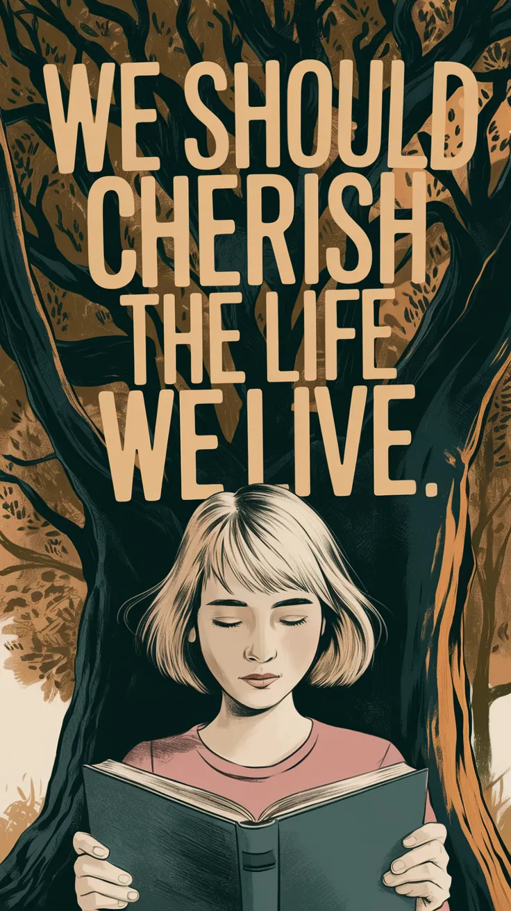 An illustration of a young woman with short hair reading a book under a tree. The background is filled with trees. There is a quote in bold gold text that reads "We should cherish the life we live". The text is placed on a beige background.