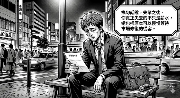 換句話說，失業之後，你真正失去的不只是薪水，還包括原本可以慢慢等待市場修復的從容。