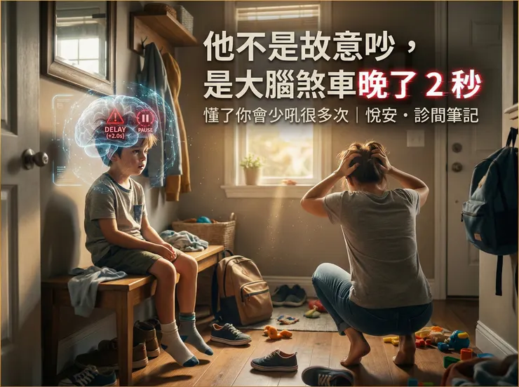 ADHD 孩子穿鞋動作慢半拍的情境示意圖。呈現大腦執行功能（Executive Function）中「反應抑制」的困難，非故意拖延。觀點參考：Barkley (1997) 行為抑制模型。
