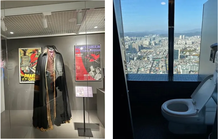 左圖：電影展覽 右圖：一覽無遺的廁所