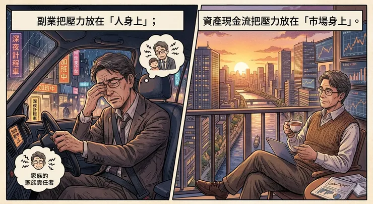 副業把壓力放在「人身上」；資產現金流把壓力放在「市場身上」。