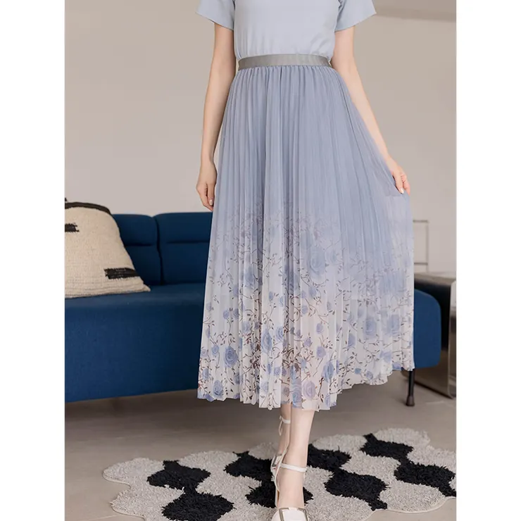 襬花百褶紗長裙 天空藍