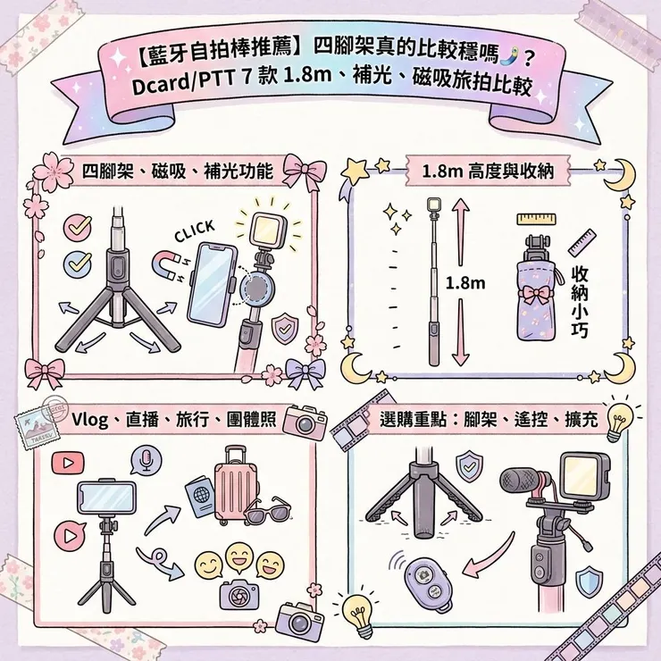 【藍牙自拍棒推薦】四腳架真的比較穩嗎 🤳？Dcard/PTT 7 款 1.8m、補光、磁吸旅拍比較