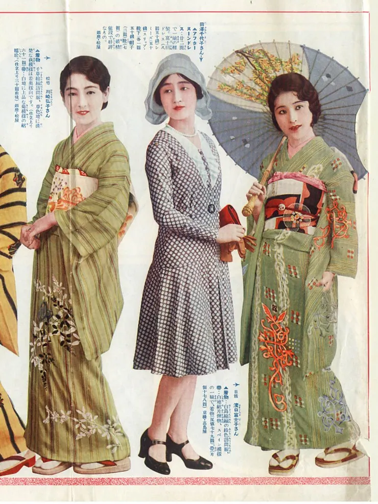 1930年代的日本服飾，和服與洋裝並存，算是傳統與新式的撞擊嗎？圖片來源：Pinterest