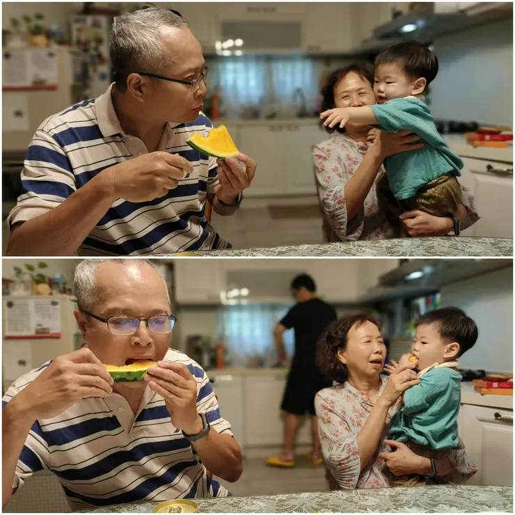 【下午回到新竹鴨寮，鴨嫂切西瓜消暑，我們第一次見到鴨家金孫，一歲兩個月，向爺爺要西瓜吃。】