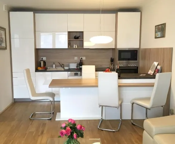 冰箱、烤箱、微波爐、洗碗機、電磁爐還有各式的鍋碗瓢盆，以及中島