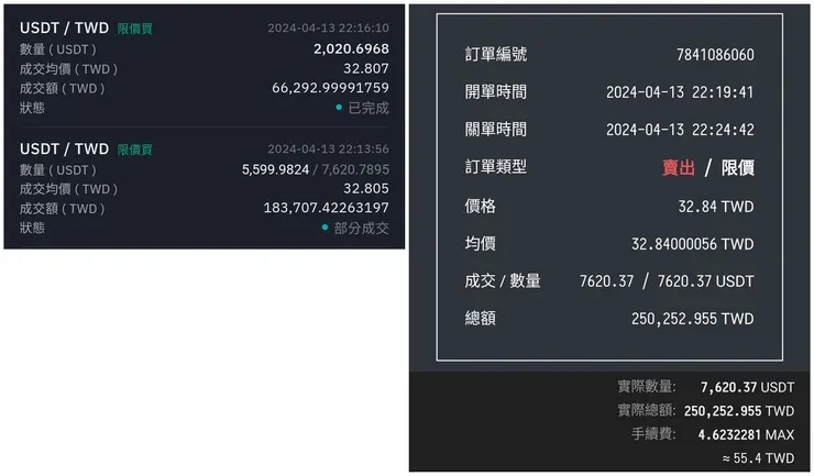 BitoPro 買進紀錄(左) vs MAX 賣出紀錄(左)
