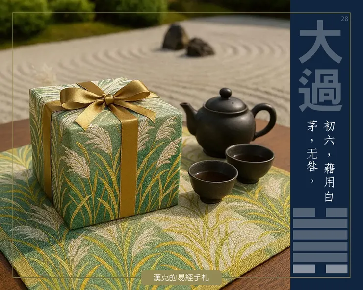 圖:大過卦初六,藉用白茅。初始務必謹慎、恭敬、從簡。例如日本的茶道,用充滿敬意的精神奉茶;枯山水庭園,也借用「大過」的極端手法表現。 (漢克設計,AI生成圖)