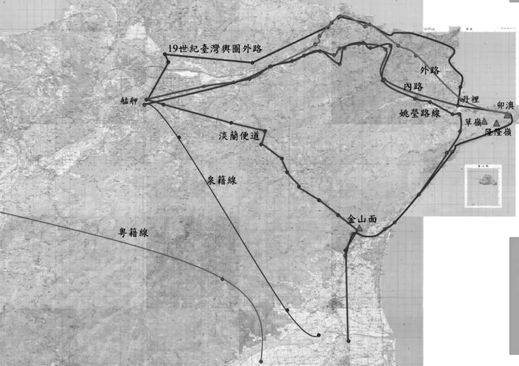 依既存史料所繪製的清代入蘭路線圖(圖片來源:盧正恒,〈步入界外:嘉慶朝蛤仔難地圖繪製及其知識傳承〉,頁44。收入《中央研究院近代史研究所集刊》122期,2023.12,頁1-58),