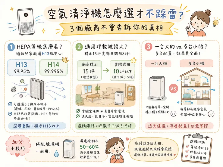 2026 空氣清淨機選購指南｜HEPA H13 濾網等級、坪數真實適用、多台小機 vs 一台大機，過敏兒家庭避雷3大重點，不踩雷買對機