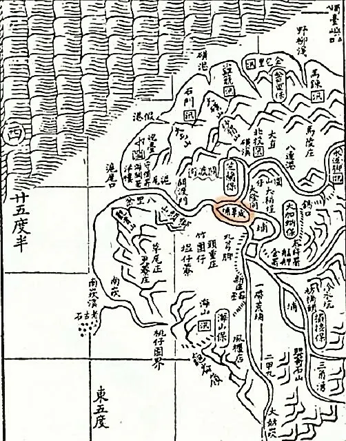 ▲百年前《淡水廳全圖》將蘆洲地名標示為「咸草埔」，是因當時水湳一帶曾栽植大量的咸草（藺草）