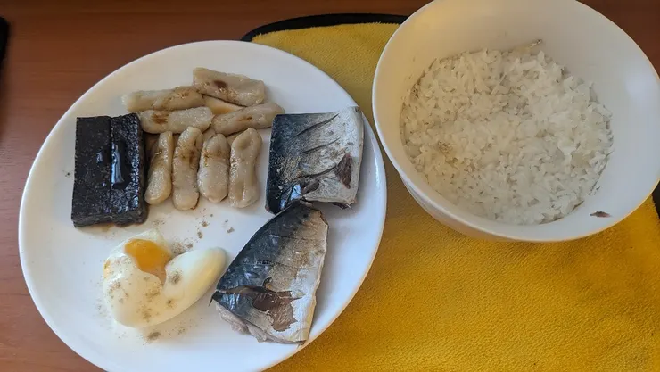 米飯偏硬，有可能是開關跳掉後悶不夠久，鯖魚是超市買的南方澳魚片，三片75，可以接受，大型全聯熟區的烤鯖魚，半身魚一片40，路邊早市也有賣台灣鯖魚，比較大支，但魚沒處理，買回去還要自己剖魚去骨、去頭尾，我嫌麻煩@@