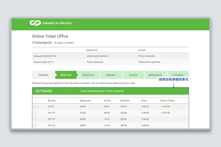 2-1. 選擇去程車種與車次